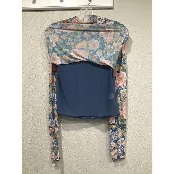 Magnolia Boutique Blue Floral Sheer Mesh Top Mock Neck L Boho Indie Y2K Coquette - Picture 5 of 9